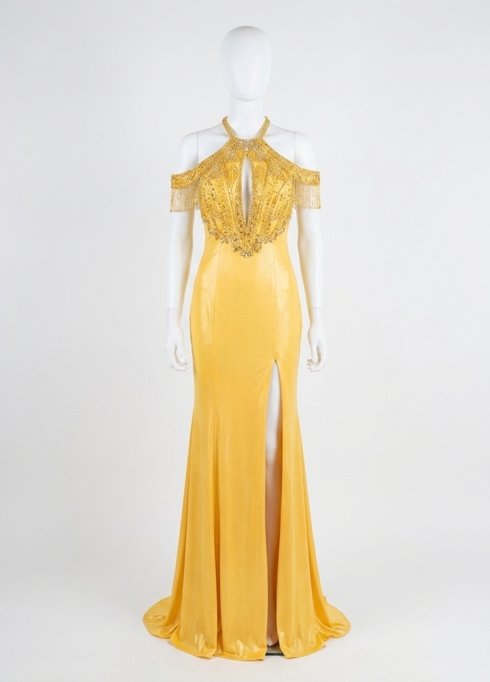 NEW RACHEL ALLAN lace-up back shimmer metallic jersey prom gown in yellow
